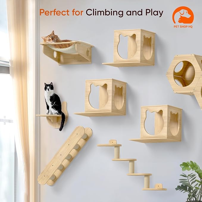 Cat Wall Shelves Furniture for Climbing - Cat House Wall Mounted - Indoor Wooden Floating Cat Furniture - Different Models Including Shelves, Perches, Hammock, Bed, Bridges, Walkways