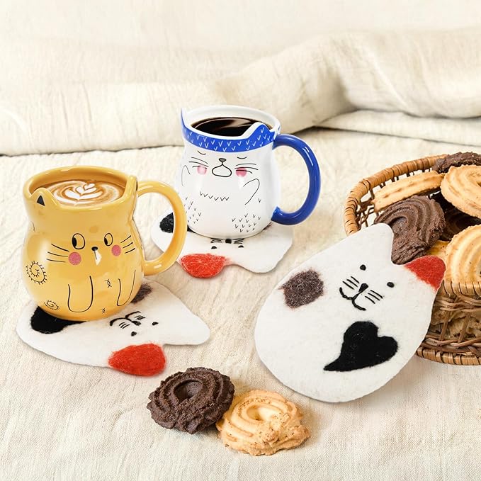 4 Pack Felt Cat Coasters, Durable Wool Cute Cat Themed Cup Coasters for Drinks, Creative Funny Cartoon Moisture Absorbent Mugs Mats Pads for Cats Lover, Home Decor, Table Protection
