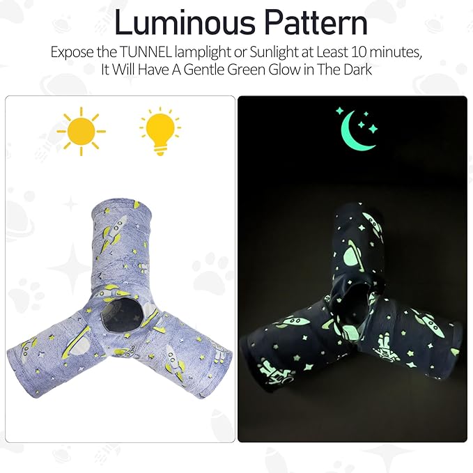 3-Way Plush Cat Tunnel Tube, Cat Toys Collapsible Tunnel Tube with Noctilucous Pattern and Cat Toy Ball, Cat Tunnel for Indoor, Suit for Rabbits, Kittens, Ferrets,Puppy and Dogs,Small Animals