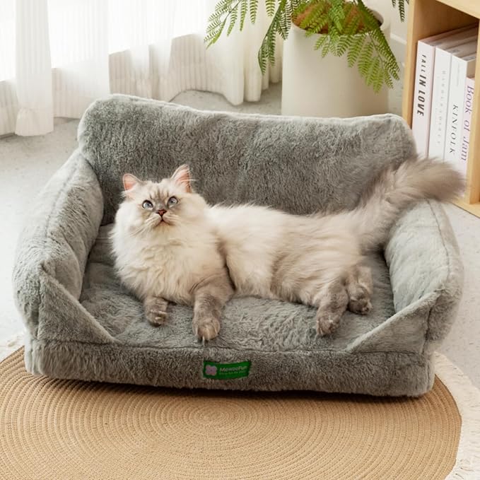 MEWOOFUN Cute Cat Couch Bed, Removable Washable Cat Sofa Beds for Indoor Cats, Supportive Dog Couch Bed for Small Dogs with Non-Slip Bottom, for Cats and Small Pets (Grey, M)