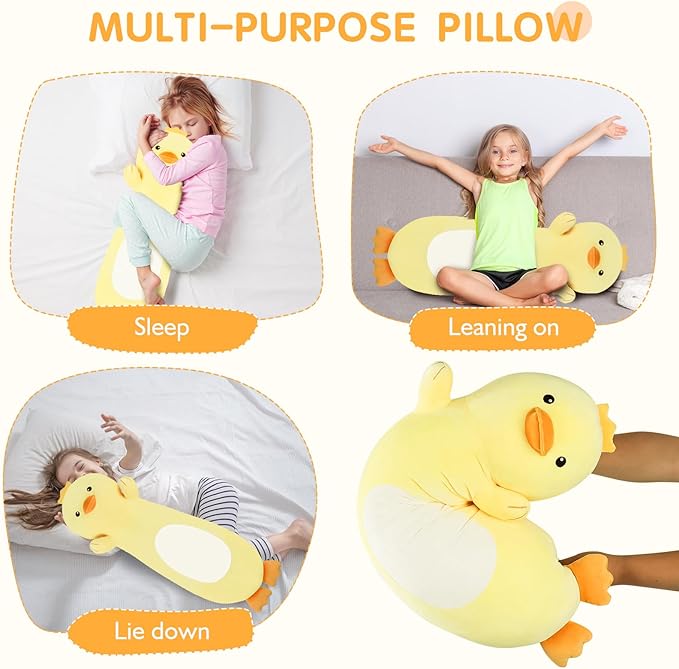 22” Long Duck Plush Body Pillow, Cute Duck Stuffed Animals, Soft Squishy Cuddly Pillow Plushies Toy Gifts for Kids Boys Girls, Birthdays Easter
