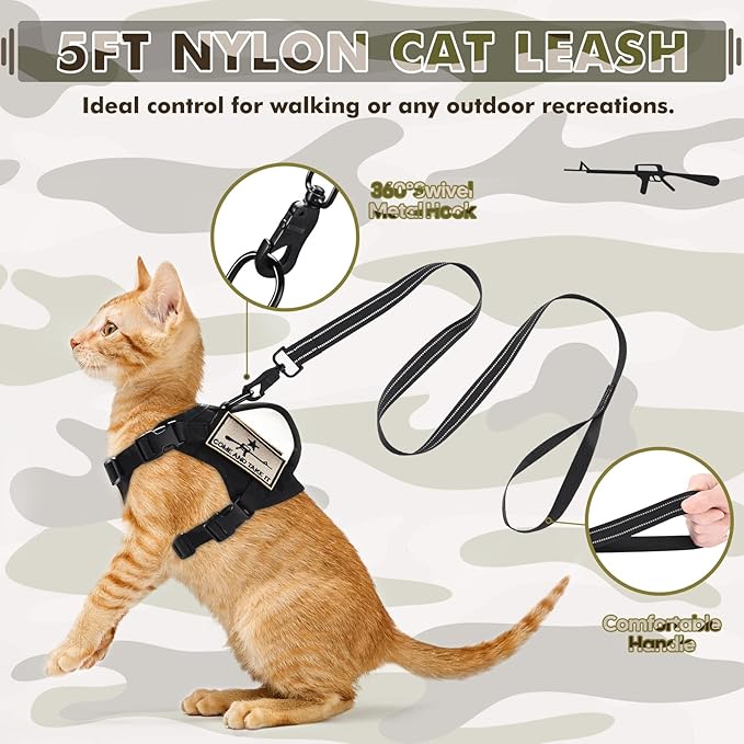 Tactical Cat Harness and Leash, Escape Proof Large Cat Walking Vest,Adjustable Soft Mesh Pet Vest Harness with Control Handle, Molle Patches Black