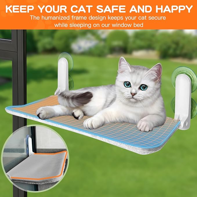 Cat Window Perch, Foldable Cat Window Bed with 4 Strong Suction Cups, Cordless Cat Hommack for Window Sill, Sturdy Metal Cat Window Seat Shelf for Indoor Cats with Reversible Cover(Grey)