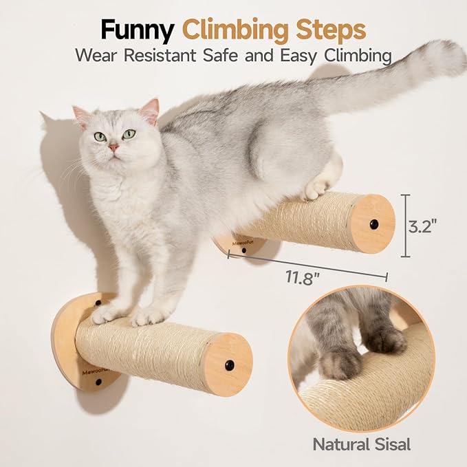 MEWOOFUN 2-Pack Cat Wall Steps, 12.8'' Cat Climbing Shelves for Wall Mounted, Cat Wall Furniture Ladder with Sisal Rope Scratches, Stable Wooden Cat Stairs and Perches for Most Kittens & Adult Cats