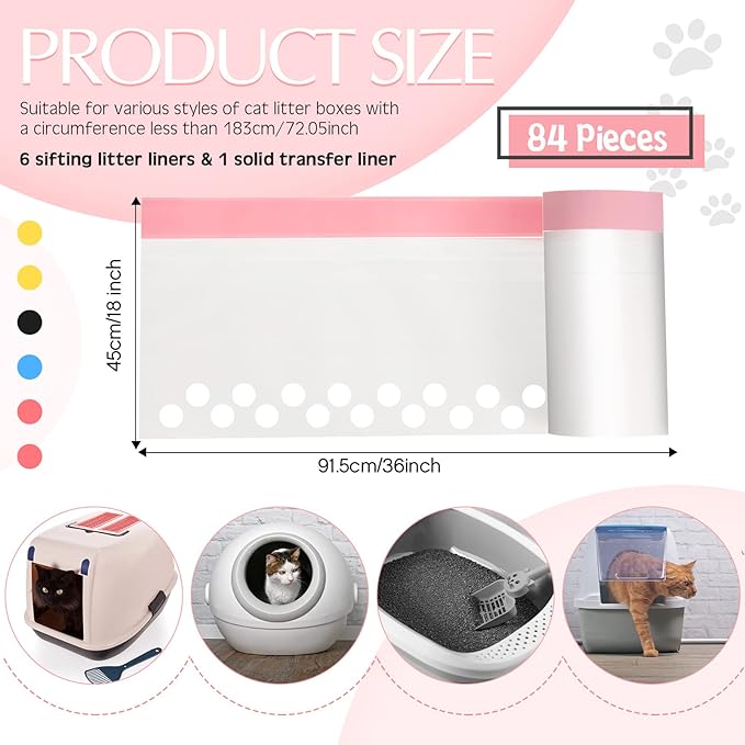84 Count Sifting Cat Litter Box Liners with Holes Extra Large Cat Litter Bags Jumbo Thick Pan Liners with Drawstring, 36 x 18 Inch