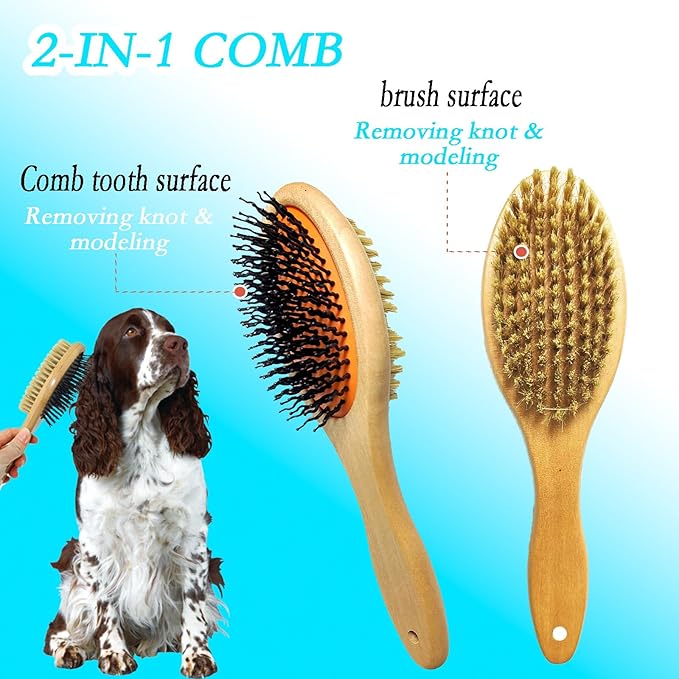 5-piece pet grooming set - solid wood hair removal brush with metal comb - hair removal comb, smoothing brush, and steel comb, used for combing and removing long and tangled hair on cats and dogs