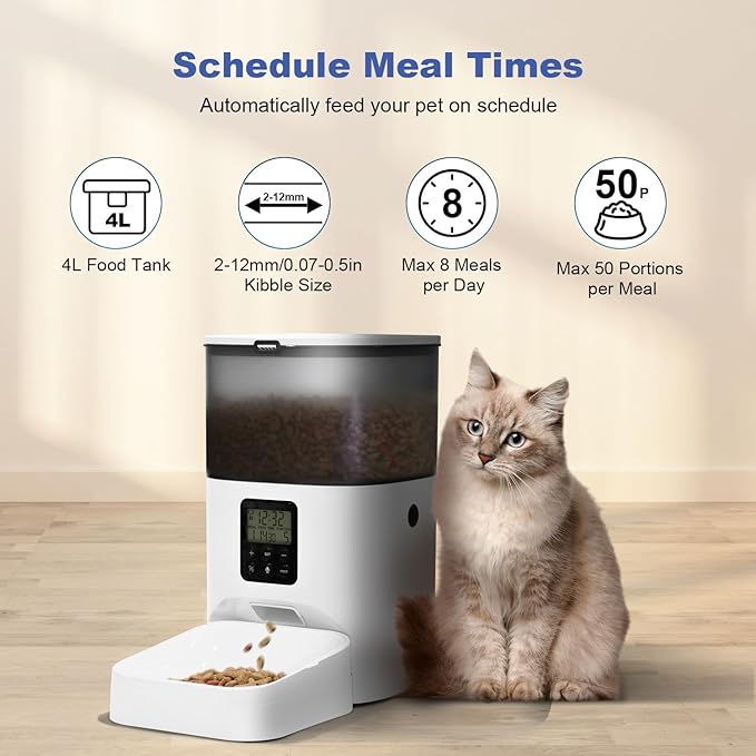 Automatic Cat Feeder, 4L Cat Food Dispenser with 10s Voice Recorder, Pet Feeder up to 8 Meals per Day, Timed Cat Feeder with Dry Food Sealed Ring (White, 4L-Basic)