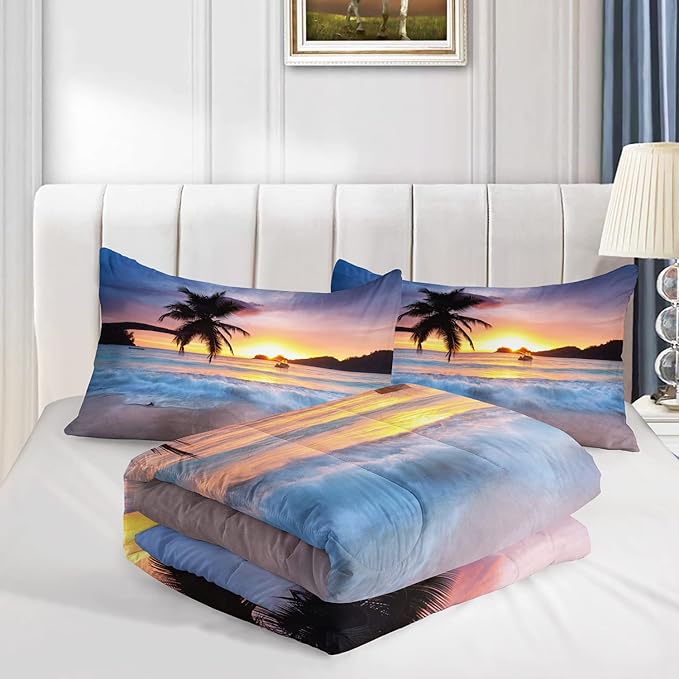 AILONEN Beach Comforter Set for Kids Boys Girls, Ocean Theme Bedding Set Queen Size,Beach Pattern Quilted Duvet,Ultra Soft Coastal Beach Quilt,1 Comforter 2 Pillowcases 3 Piece
