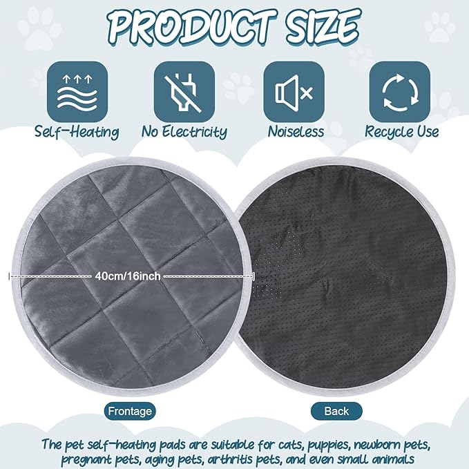 2 Pcs Cat Heating Pad Round 16 Inch Self Heating Cat Mat Washable Heated Cat Bed Anti Slip Cat Warming Pad Pet Bed Mat for Kennel Dog Crate Indoor Outdoor(Gray,16 Inch)