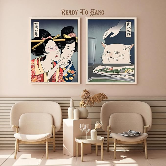 2pcs Funny Cute Canvas Painting Japanese Woman Yelling at Cat Eating Food Poster Print Vintage Wall Art Meme Picture Dining Room Kitchen Ready to Hang 12x16 Inches…