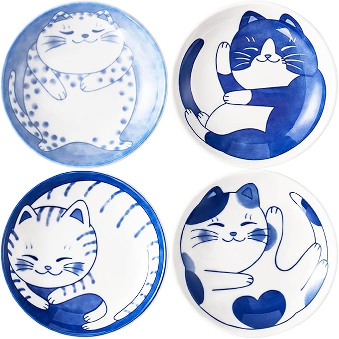 4 Pcs 4 Inches Cute Cat Soy Sauce Dish,Ceramic Cat Bowls,Japanese Cat Plates,Dipping Bowls,Snack Dish,Small Ceramic Saucers Plates, Sushi Plate Set, Mini Bowls, Small Bowls for Sides Dish (4 Inch)