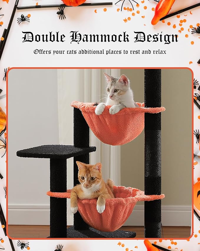 Gothic Cat Tree with Coffin Condo, 47.6" Spooky Cat Tower, 2 Metal Frame Hammocks, Cat Scratching Post with 2 Removable Pompom Sticks for Small Indoor Cats, Black Halloween