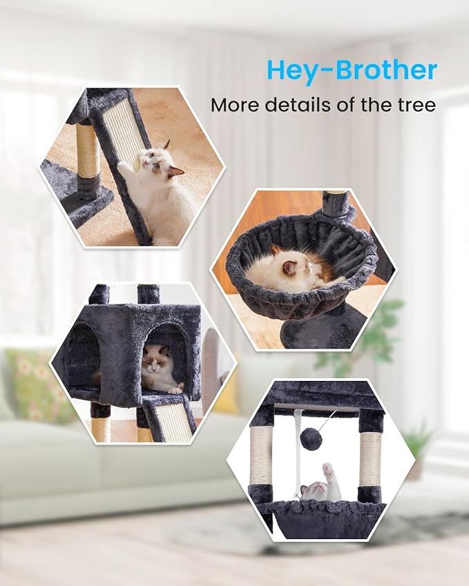 Hey-brother Large Cat Tree, Cat Tower for Indoor Cats, Cat House with Padded Bed, Cozy Condo, Hammocks, Sisal Scratching Posts, Big Scratcher, Smoky Gray MPJ006-MG