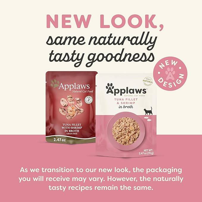 Applaws Natural Wet Cat Food in Broth, Limited Ingredient Wet Cat Food Pouches, No Additives, Made with Natural Ingredients, Tuna with Shrimp in Broth (12 x 2.47oz Pouches)