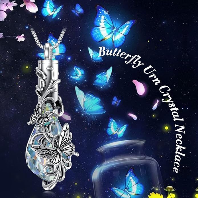 Animal Crystal Urn Necklace For Ashes Sterling Silver Butterfly Dragonfly Bee Phoenix Peacock Hummingbird Fox Angel Wing Pentagram Pentacle Cremation Necklace Heart Teardrop Urn Holder Necklaces For Women Memorial Jewelry