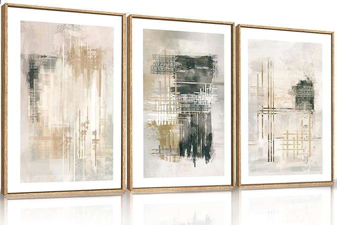 Ausril Modern Abstract Framed Canvas Wall Art Set, Neutral Beige Shape Wall Decor, Black and White Block Wall Painting, Minimalist Paint Stroke Art Print for Living Room, Bedroom, Office 16"x24"x3