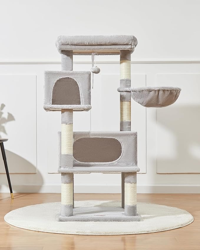 Taoqimiao Cat Tree,48.8-Inch Cat Tower for Indoor Cats,2 Luxurious cat condo with Adjustable Large Hanging Baskets and Large Luxurious Perch Light Gray MS029LW