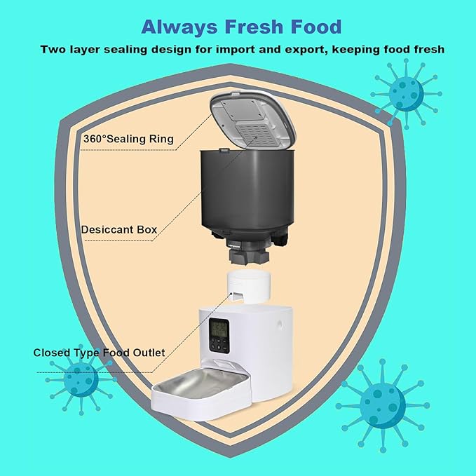 Automatic Cat Feeder, 6L Cat Food Dispenser with 10s Voice Recorder, Pet Feeder up to 8 Meals per Day, Timed Cat Feeder with Dry Food Sealed Ring (Jade White, 6L)