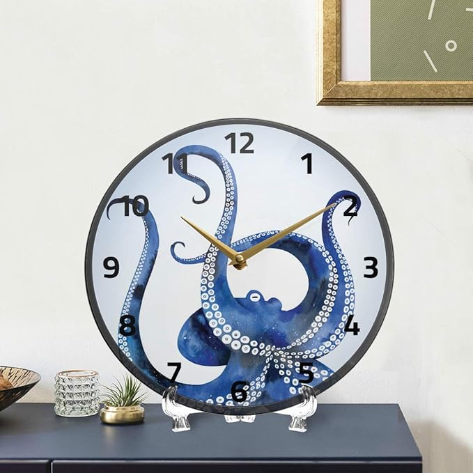 ALAZA Blue Marine Kraken Octopus Wall Clock Battery Operated Silent Non Ticking Clocks for Living Room Decor 12 Inch / 9.5 Inch