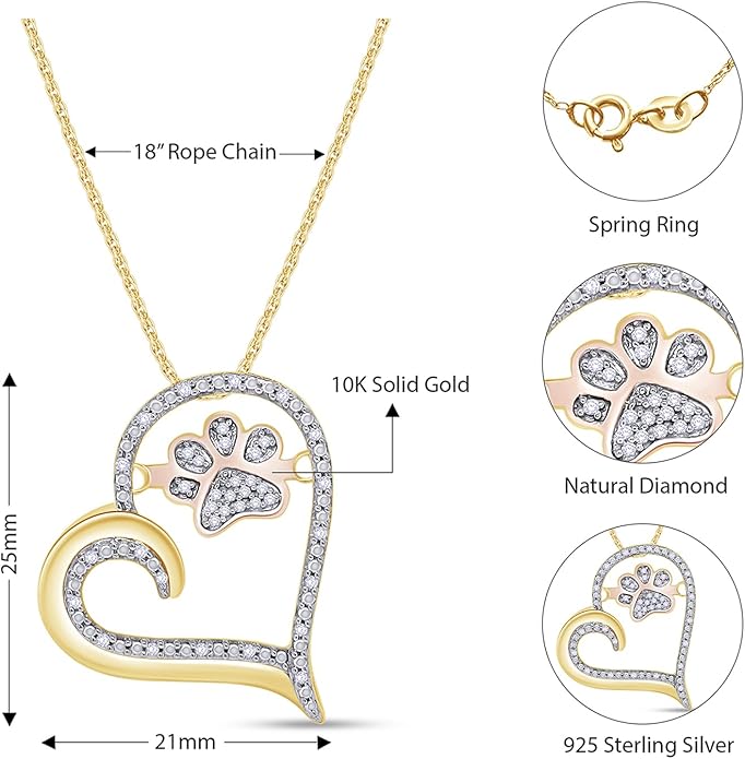AFFY Paw Print Dog Cat Heart Pendant Necklace, 925 Sterling Silver & 10K Solid Gold Natural Diamond, Two Tone Heart Necklace for Pet Lovers, Elegant Silver Gift for Her