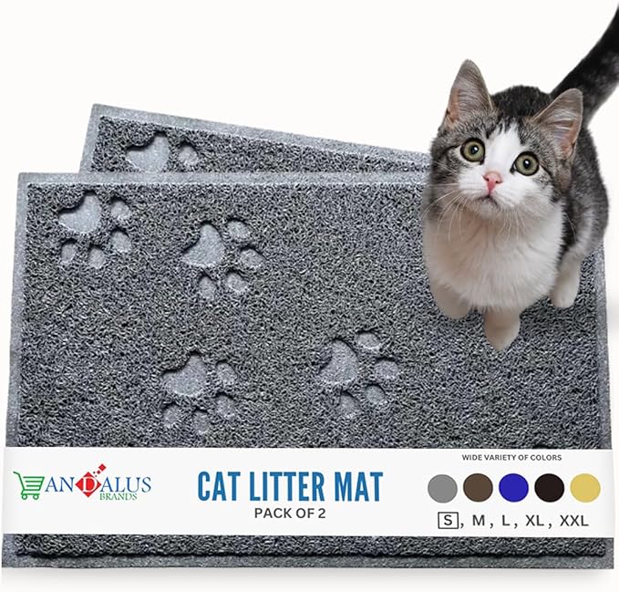 Andalus Small Cat Litter Mat, Pack of 2 - Waterproof, Non-Slip & Easy to Clean Cat Litter Box Mat for Extra Efficient Pet Litter-Trapping, Grey (15.75” X 11.75”)