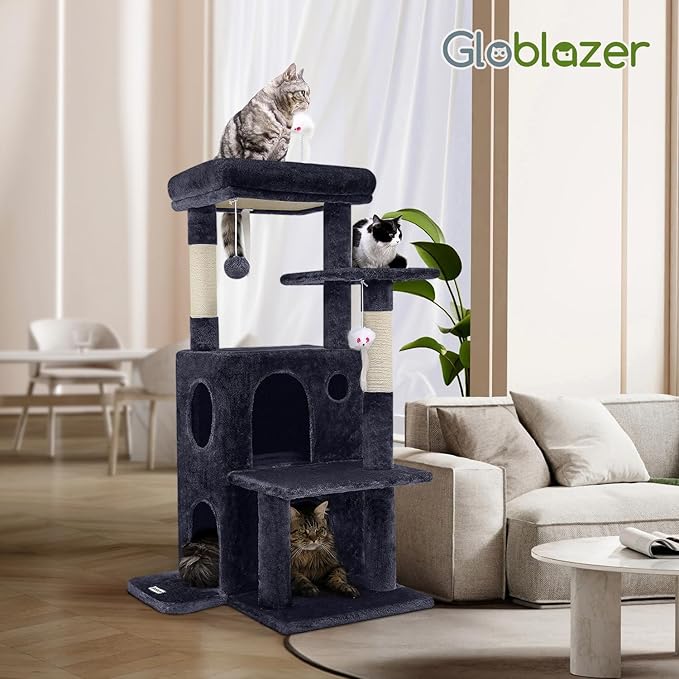 FC50 Cat Tree Tower for Indoor Cats, 50-inch Adult Cat Tree House for Large Adult Cats with Steps, Scratching Post, 2 Cat Caves, Dangling Toys, Dark Grey