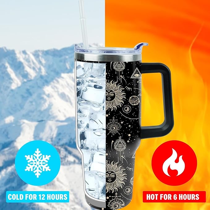 40 oz Tumbler with Handle and Straw, Stainless Steel Insulated Cup with Leak Proof Lid and Straw Lid, Keep Drinks Cold and Hot for Hours(Sun Moon)
