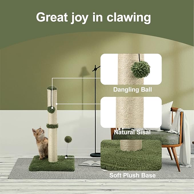MECOOL Cat Scratching Post Premium Basics Kitten Scratcher Sisal Scratch Posts with Hanging Ball 22in for Kittens or Smaller Cats (22 inches for Kitten, Cactus Green)