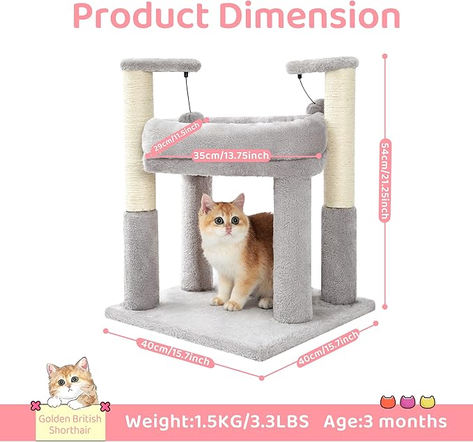 Made4Pets Cat Tree for Indoor Cats, Cat Tower with 2 Natural Sisal Scratching Post for Kitten, Kitty Cat Bed with Pom-pom Dangling Balls, Grey, DIY