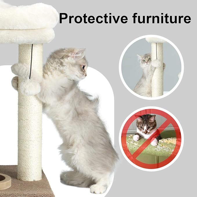PAWSFANS Cat Tree Scratching Post,Small Cat Tower with Perch Bed Scratch for Indoor Cats and Kittens Scratcher.Track Toy Hanging Ball Bursh Beige
