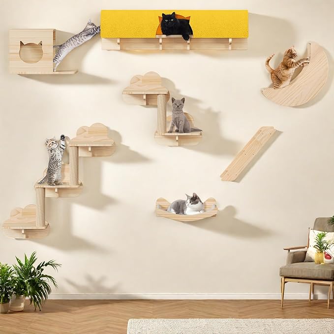 YITAHOME Solid Wood Cat Wall Shelves and Perches for Wall, Pine Wall Mounted Cat Tree Set of 13, Cat Climbing Shelves Playground Scratching Post with 5 Steps Indoor Mounted Moon Condos House