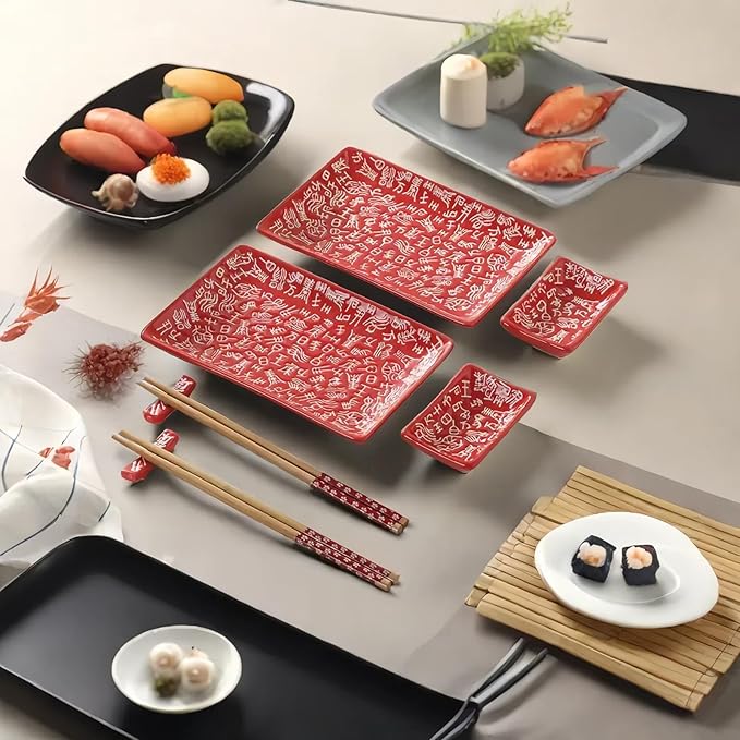 8 pcs Japanese Sushi Plate Sets Serving Platters and Trays for Entertaining Sushi Dishes Set Plates Sushi Plates Traditional Cuisine Dinnerware Sets with Chopsticks Hundred Family Names
