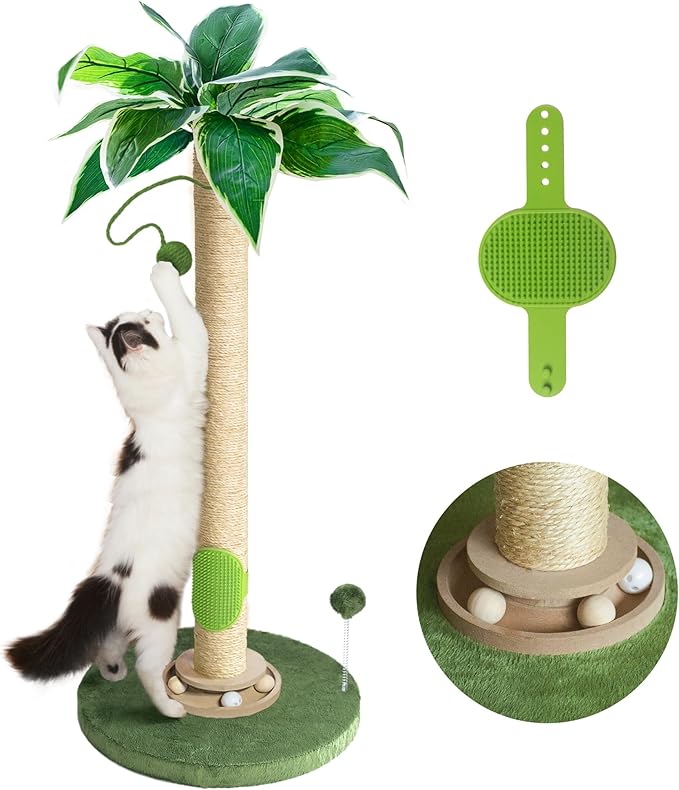 Cat Scratching Post 35'' Cat Scratcher Tall Scratching Posts for Indoor Cats with Cat Toy and Interactive Ball Self Groomer for Kittens Adults Cats