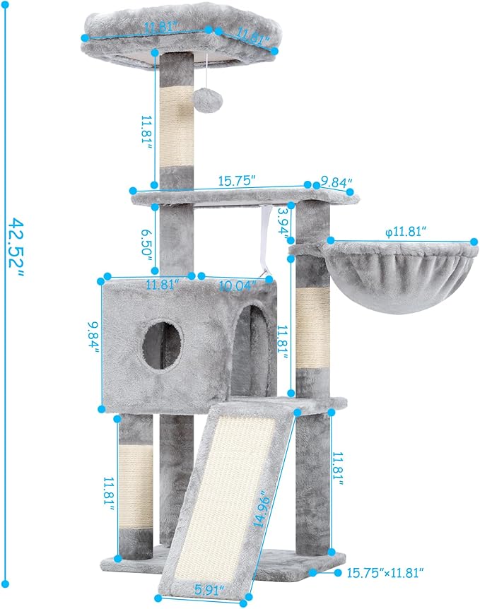 Hey-brother Cat Tree, 42.5-Inches Cat Tower for Indoor Cats, Plush Multi-Level Kitten Cat Condo with Scratching Post,Ramp, Basket, Spacious Cat Cave, Hanging Ball, Light Gray MPJ007SW