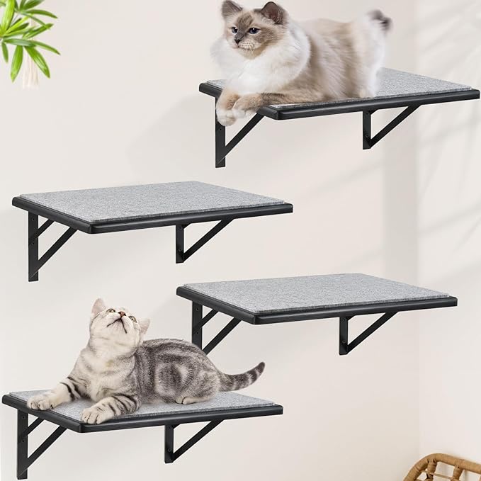 Cat Wall Shelves Set of 4, Wood Cat Shelves for Wall, Cat Wall Bed Hammock with Scratching Pad, Cat Climbing Shelf for Sleeping Playing, Cat Window Perch for Large Cats, Black Cat Furniture for Indoor