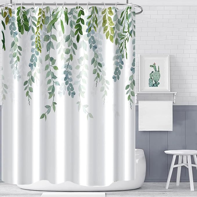 AWERT Plant Shower Curtain for Bathroom Sage Green Eucalyptus Waterproof Quick-Drying Green Leaves Shower Curtain Set with Hooks 72x78 Inch