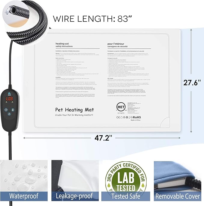 PETNF Super Large Heated Dog Bed Electric Pet Heating Pad for Dogs Cats with 6 Levels Timer and Temperatures,Waterproof Safety Cat Warming Pad Indoor Heated Cat Bed Mat for Large Dog(2XL)