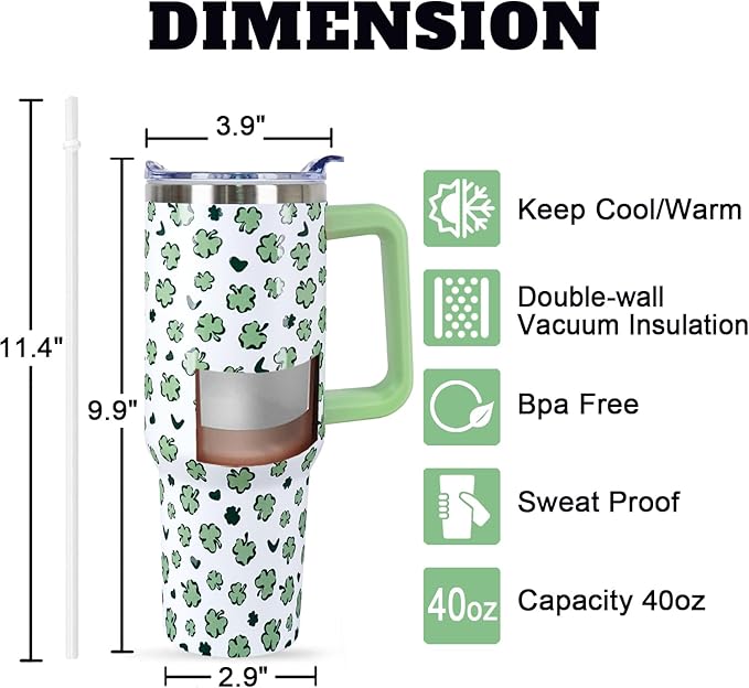 40 Oz St Patricks Day Tumbler 3d-Printed Green Irish Shamrocks Tumbler Clover Gifts for Women Men Insulated Travel Cup with Handle Lid and Straw