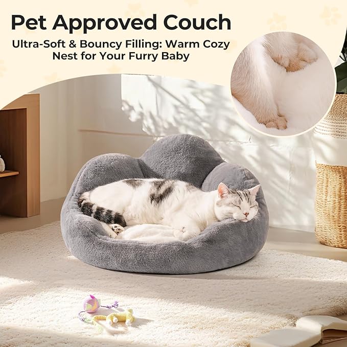 MEWOOFUN Cat Bed Kitten Bed, Washable Cat Bed for Indoor Cats Cute Cat Couch, Fluffy Flower Cat Sofa Bed, Pet Bed with Non-Slip Bottom, Small Dog Bed for Puppy and Kitten(Grey, 23")
