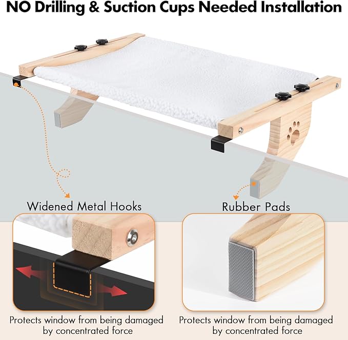 AMOSIJOY Cat Sill Window Perch Sturdy Cat Hammock Window Seat with Wood & Metal Frame for Large Cats, Easy to Adjust Cat Bed for Windowsill, Bedside, Drawer and Cabinet