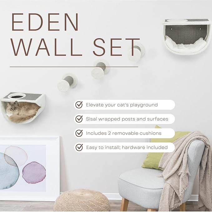 TRIXIE Eden Wall Mount Cat Tree 5pc Set, 2 Condos and 3 Perches/Steps, Scratching Post, Gray