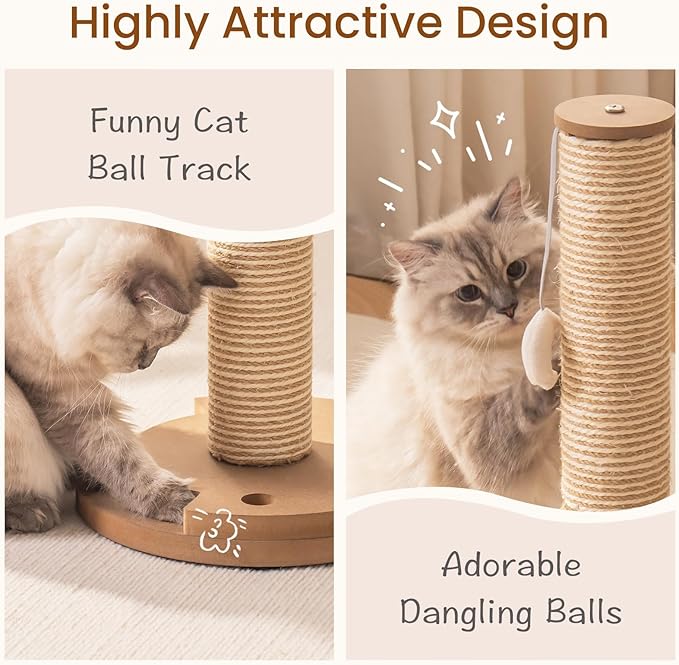 Mewoo Cat Scratching Post, 25'' Tall Cat Scratching Posts with Kitten Toys Cat Ball Track, 3-in-1 Scratch Posts for Indoor Cats, Natural Sisal Cat Scratcher Interactive Toy with Dangling Balls