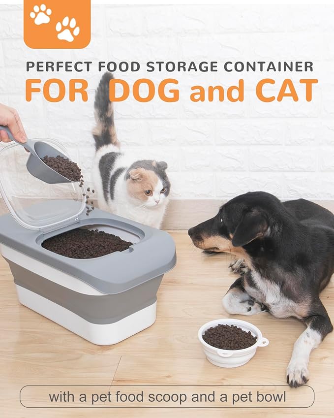 10-13 Lbs Dog Food Stroage Container, Collapsible Dog Food Containers with Airtight Lid, Pet Food Scoop and Silicone Dog Bowl, Pet Food Storage Container Dry Food for Dog, Cat and Other Pets
