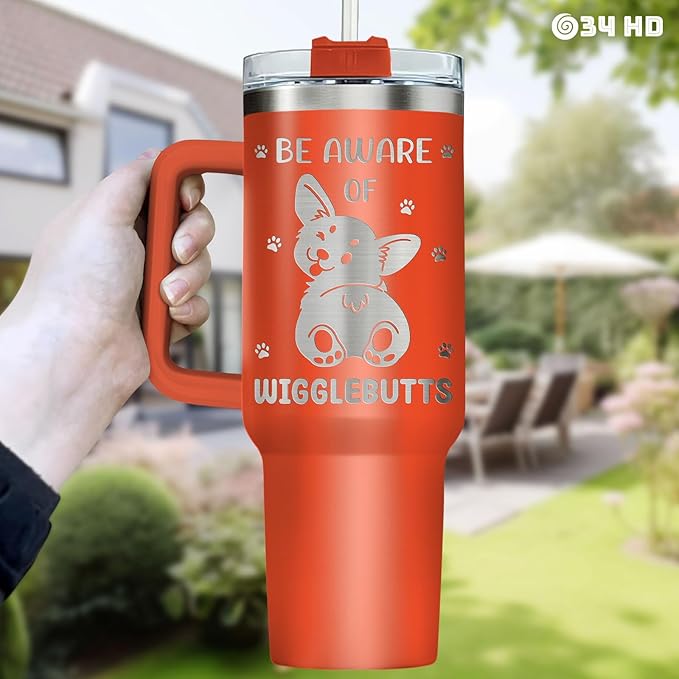 34HD Corgi Tumbler with Handle and Straw, 40oz Dog Mom Stainless Steel Coffee Mug with Lid, Beware of Wigglebutts Cup, Corgi Mom Gifts for Friends Sisters Daughter Aunt