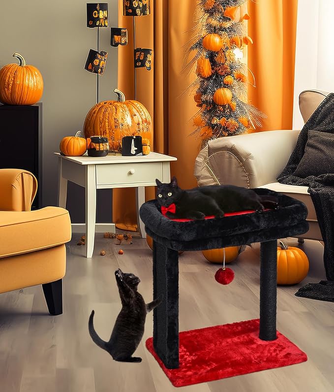 SYANDLVY Samll Gothic Cat Tree with Scratching Board, Scratching Post with Perch for Indoor Cats, Cat Scratcher with 2 Dangling Balls, Great for Kittens