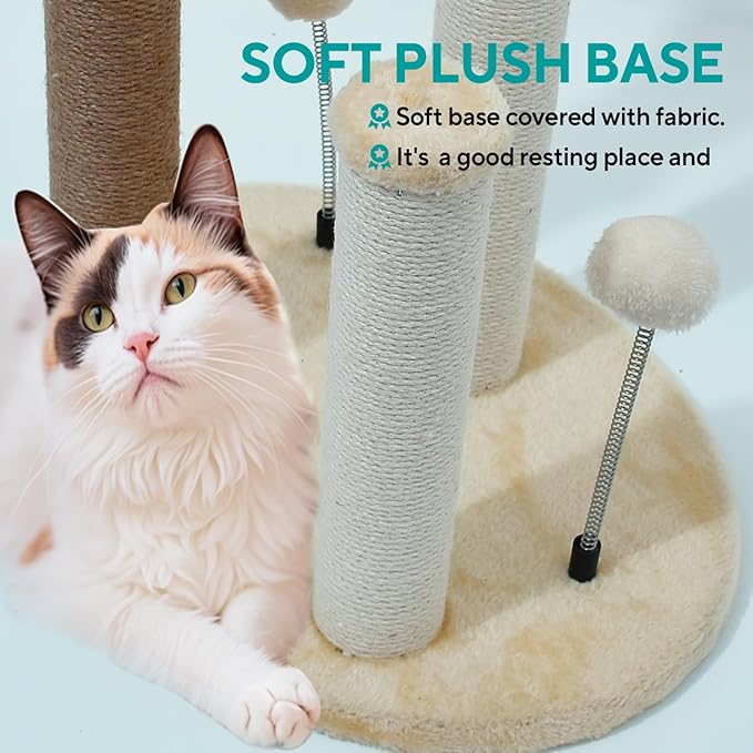 Maximum - 35.8" Tall Cat Scratching Post, 3 Scratcher Posts for Indoor Small and Large Cat, Spring Cat Toy and Hanging Ball, Non Spliced Elliptical Base Plate