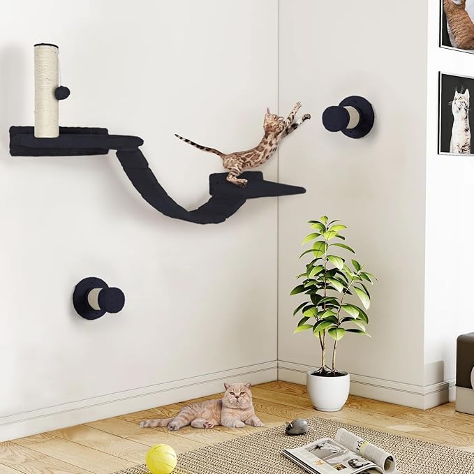 Cat Wall Shelves - 7 Pcs Luxury Wall-Mounted Cat Furniture, Including 2 Cat Wall Shelves 2 Solid Wood Steps 1 Cat Bridge Ladder 1 Sisal Cat Scratcher Post 1 Hanging Ball for Large Cats (Grey)
