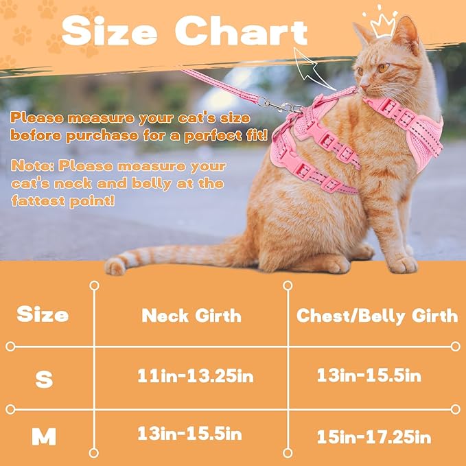 Fully Escape Proof Cat Harness and Leash Set for Walking, Adjustable Soft Kitten Vest with Reflective Strip for Small Medium Large Adult Cats, Breathable Kitty Harness,Pink M