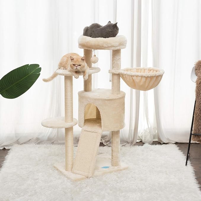 Hey-brother Cat Tree with Scratching Board, Cat Tower with Padded Plush Perch and Cozy Basket, Multi-Platform for Jump, Beige MPJ005M