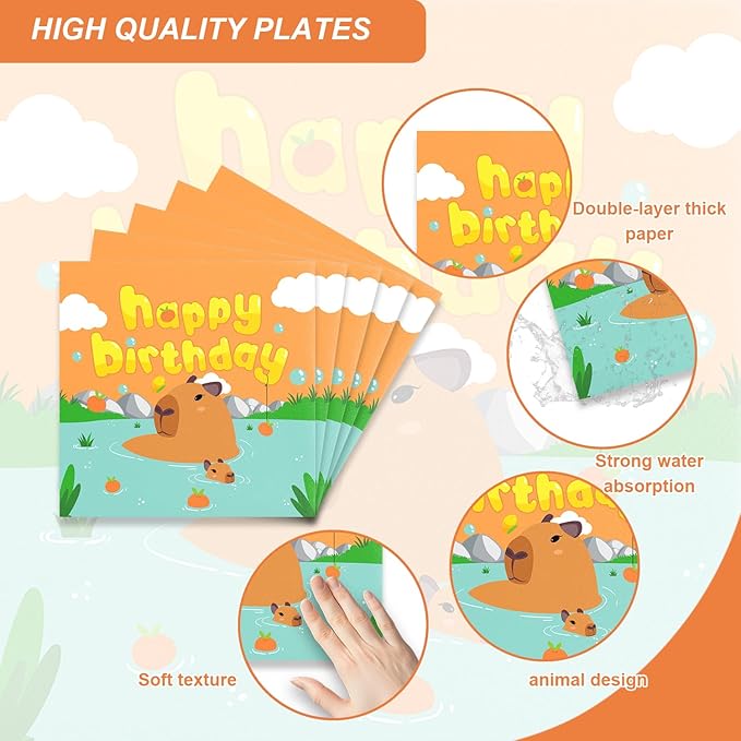 48Pcs Kapybara Birthday Party Supplies Cartoon Animal Theme Tableware Set Plates and Napkins Forks Serves 16 Guests Cute Capy Baby Shower Birthday Party Decorations